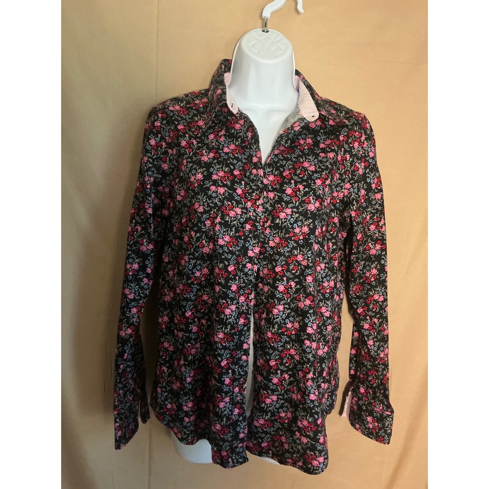 Chaps Button Down Shirt Womens Medium Black Pink Floral Excellent No Iron Cotton